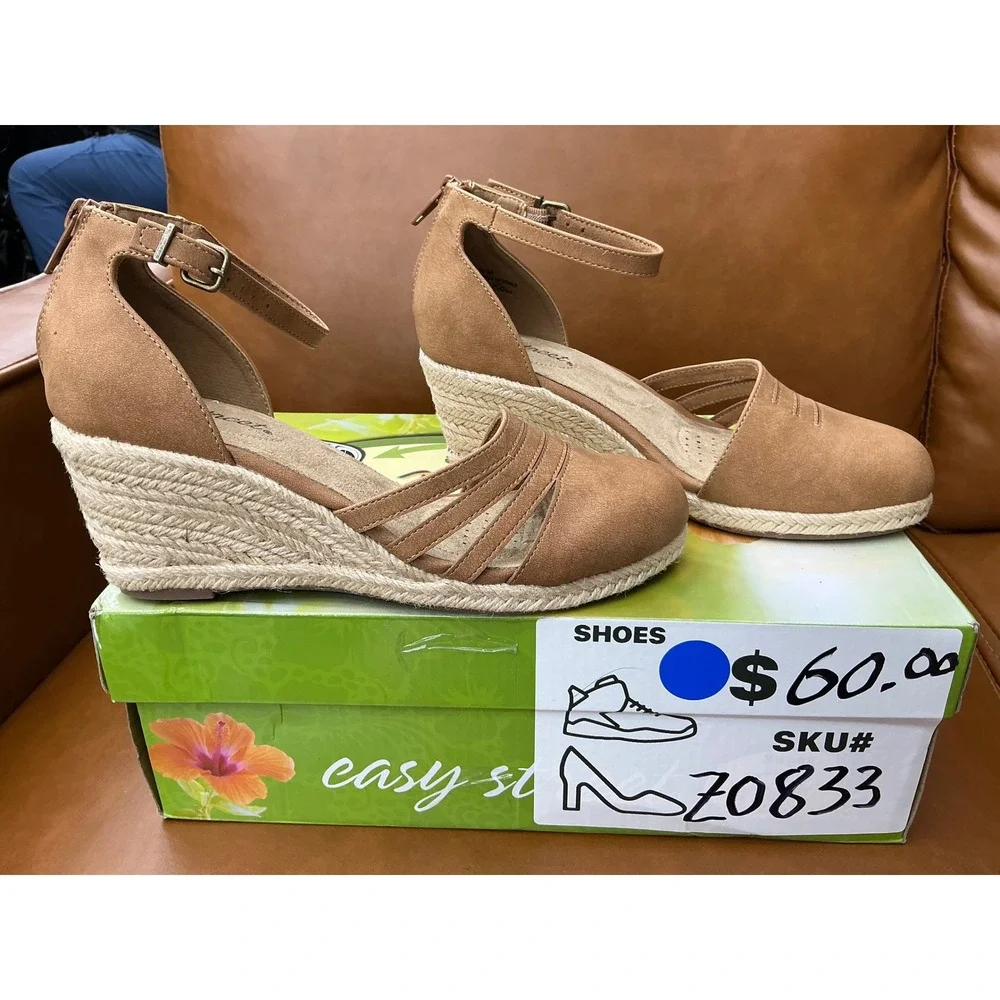 Easy Street Daytona Wedge Sandals Womens 6.5 Tan Espadrille 31-5074